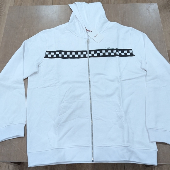 $640 Mens BALLY Checker Stripe Zip Up Hoodie White/Black